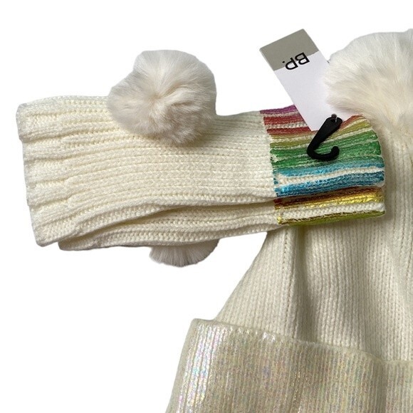 BP Nordstrom Ivory Multi Color Metallic Pom Pom Beanie Hat Wrist Warmer Set - Picture 2 of 11